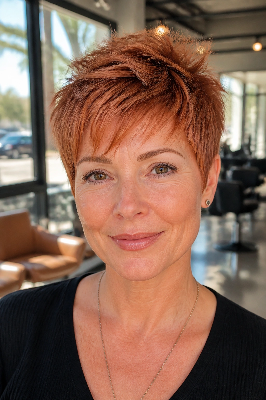 Close-up portrait of a real woman with a feather-light pixie for fine hair in red