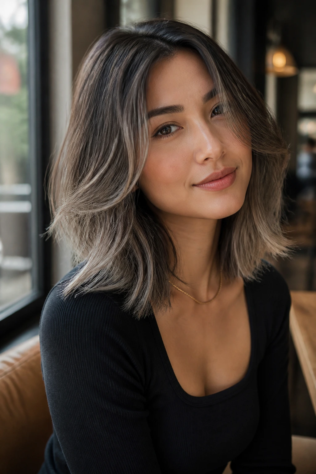 Shoulder-length hair with feathered ash balayage highlighting movement