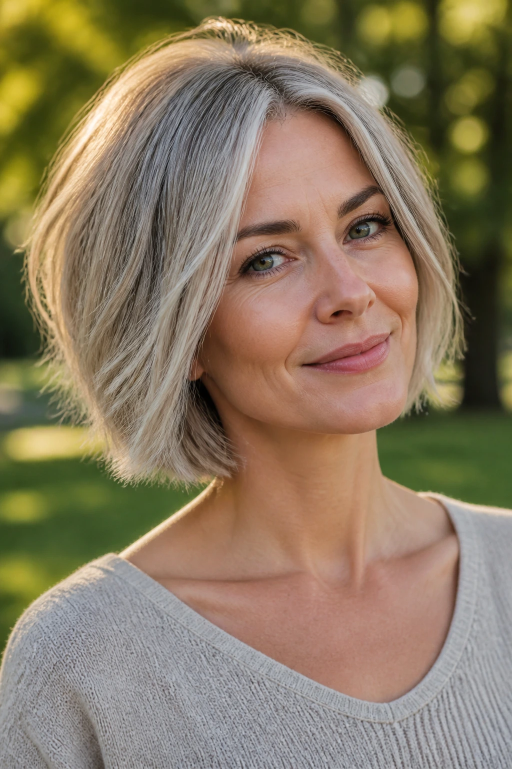 Close-up of a real woman with feathered ash bob, soft movement along the ends.