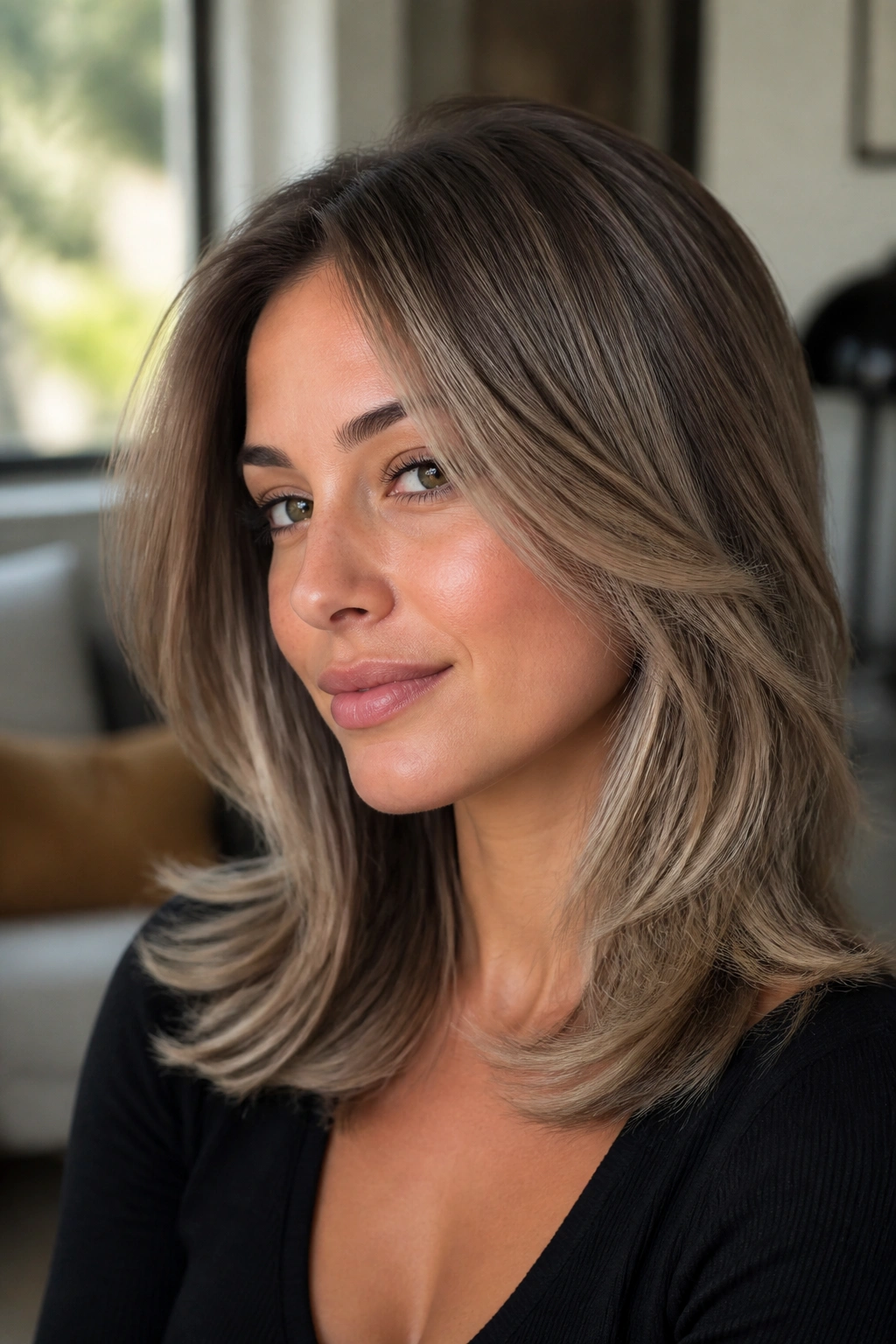 Medium-length hair with feathered ash layers in a natural portrait
