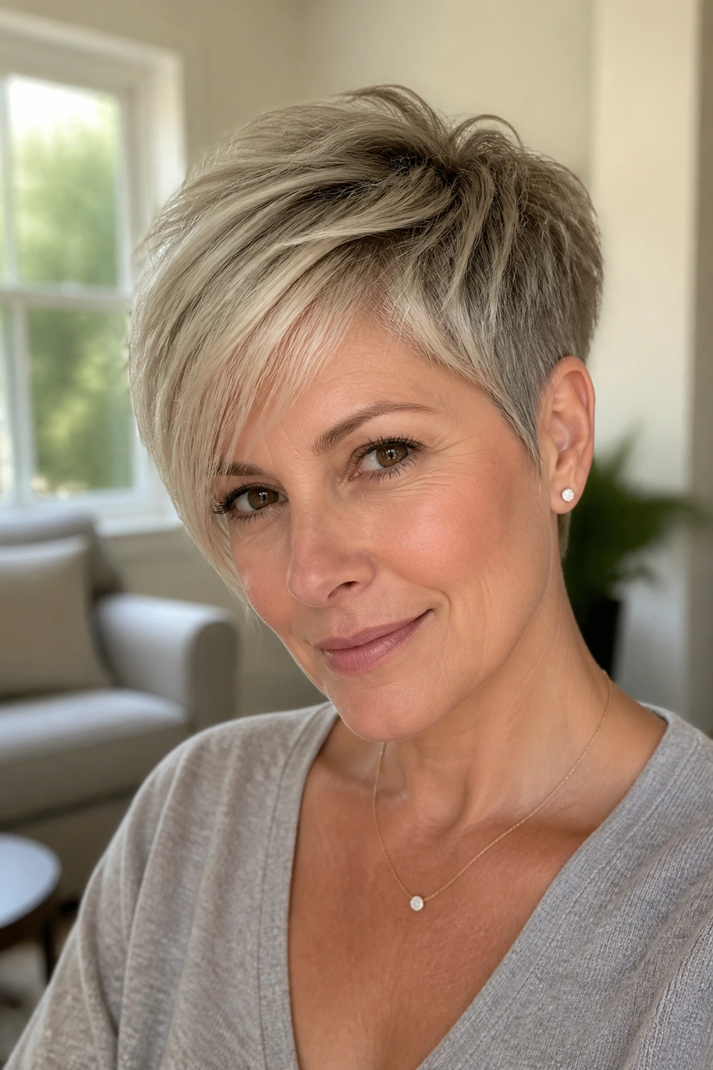 Close-up of real person with feathered asymmetrical pixie and airy silhouette.