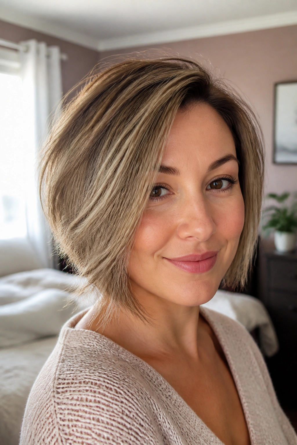 Close-up of a real woman with a feathered asymmetrical bob for fine hair in a sunlit bedroom.