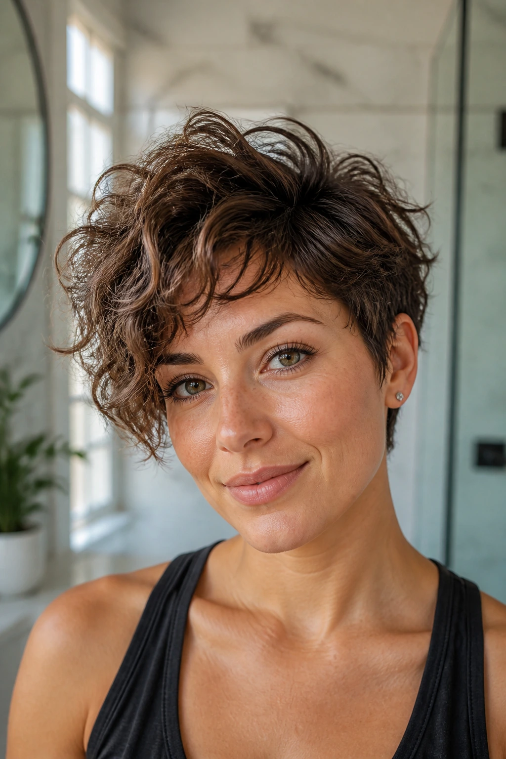 Portrait of a real person with feathered asymmetrical curly crop and micro layers