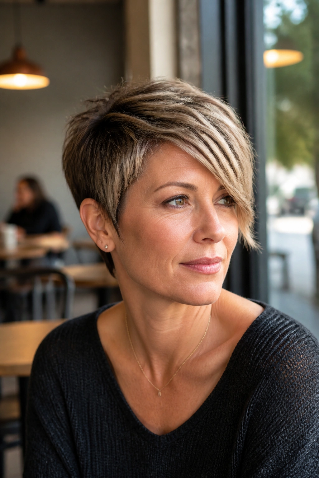 Close-up portrait of a real woman with feathered asymmetrical pixie for straight fine hair