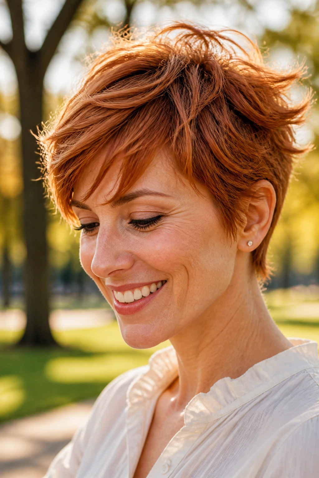 Close-up of a real person with a feathered auburn pixie in motion