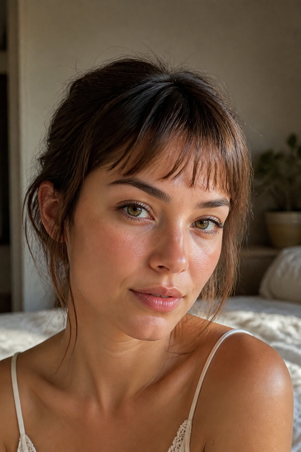 Real woman with feathered baby bangs in warm window light