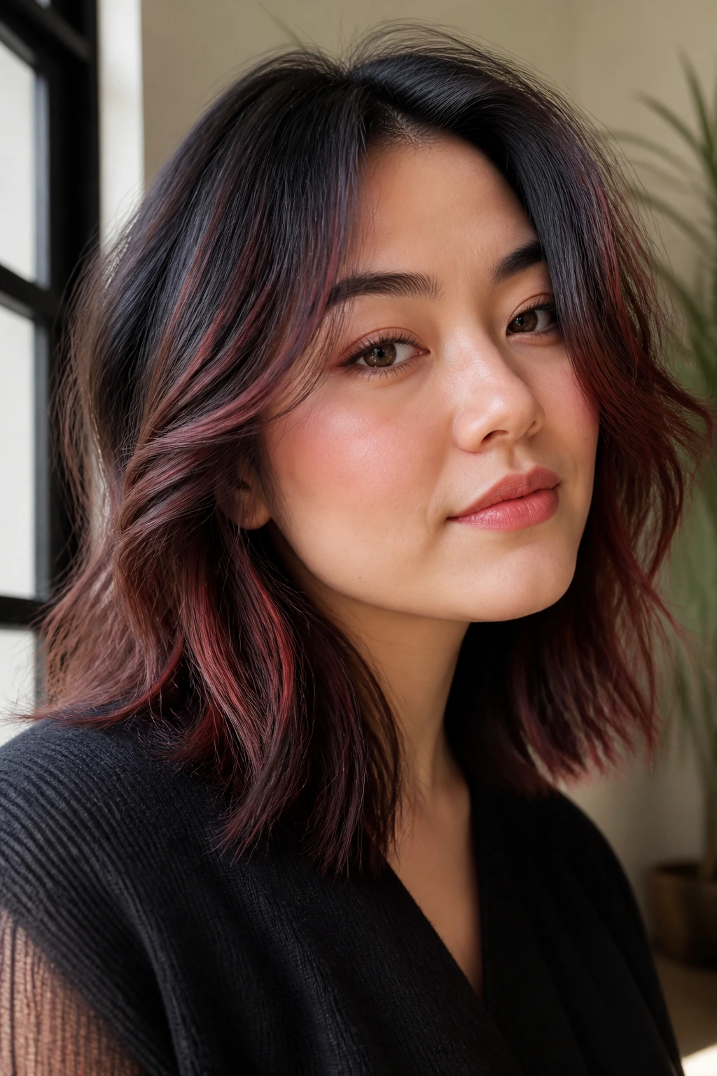 Close-up portrait with subtle feathered babylights on medium-length black hair.
