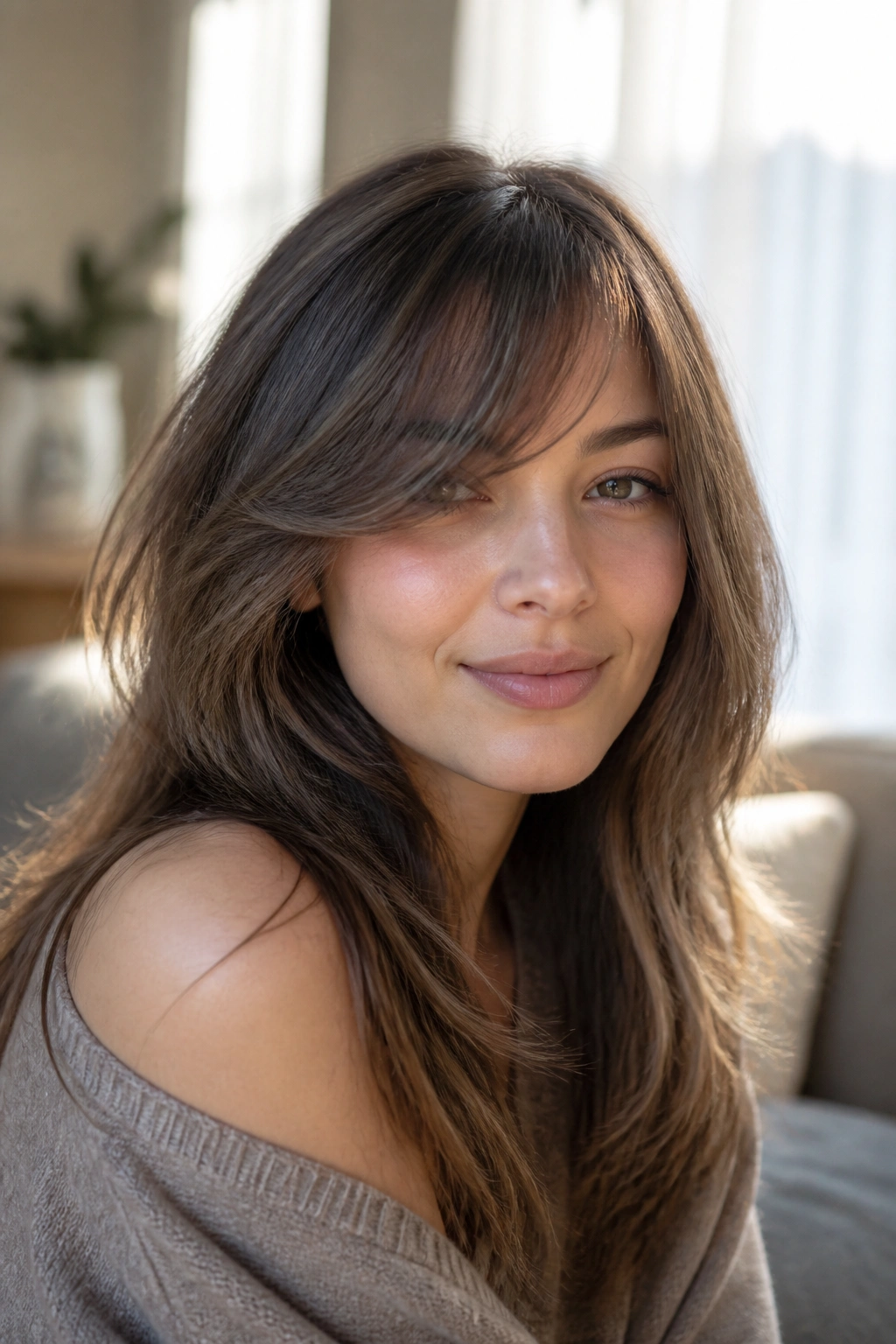 Real woman with feathered side bangs and light air-dried finish in sunlit room.
