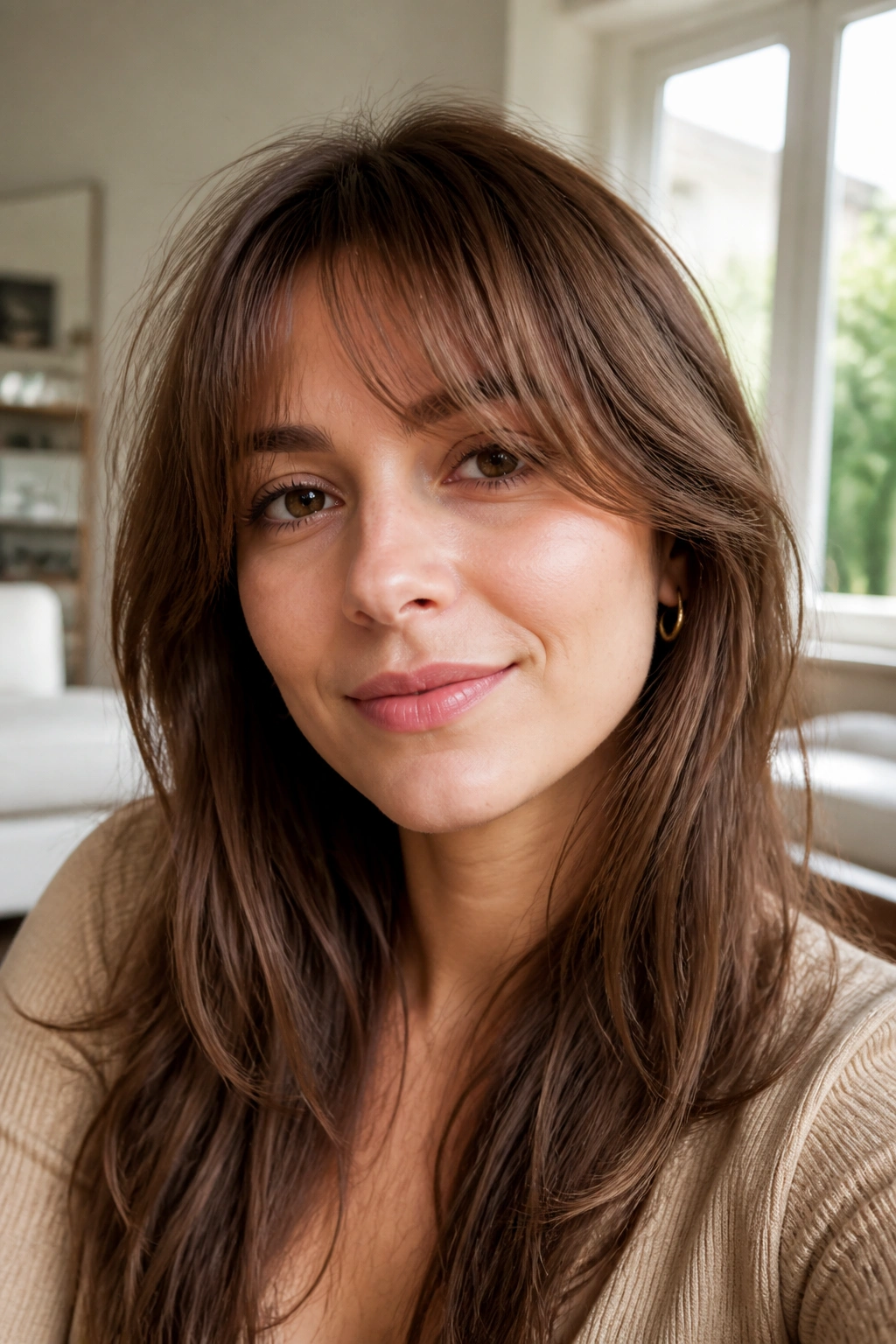 Close-up portrait of a woman with airy feathered bangs in bright natural light