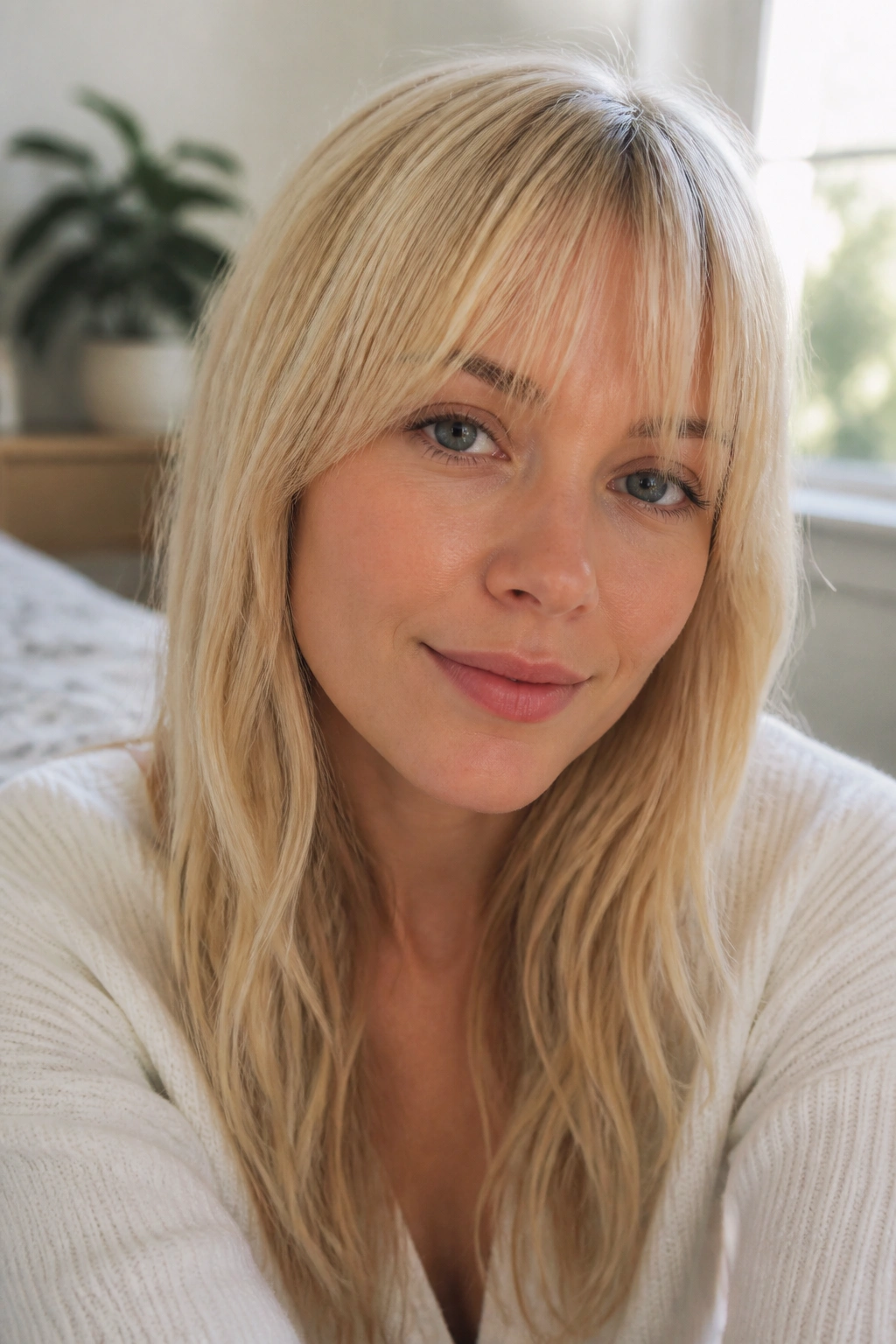 Close-up of a real person with softly feathered blonde bangs in a cozy bedroom light