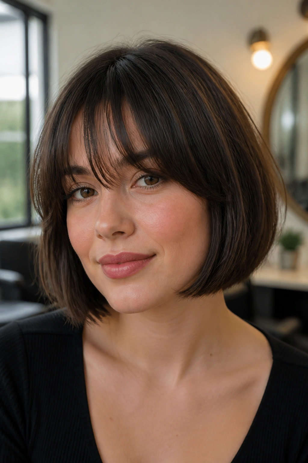 Close-up portrait of a real woman with blunt bob and feathered bangs in a salon setting