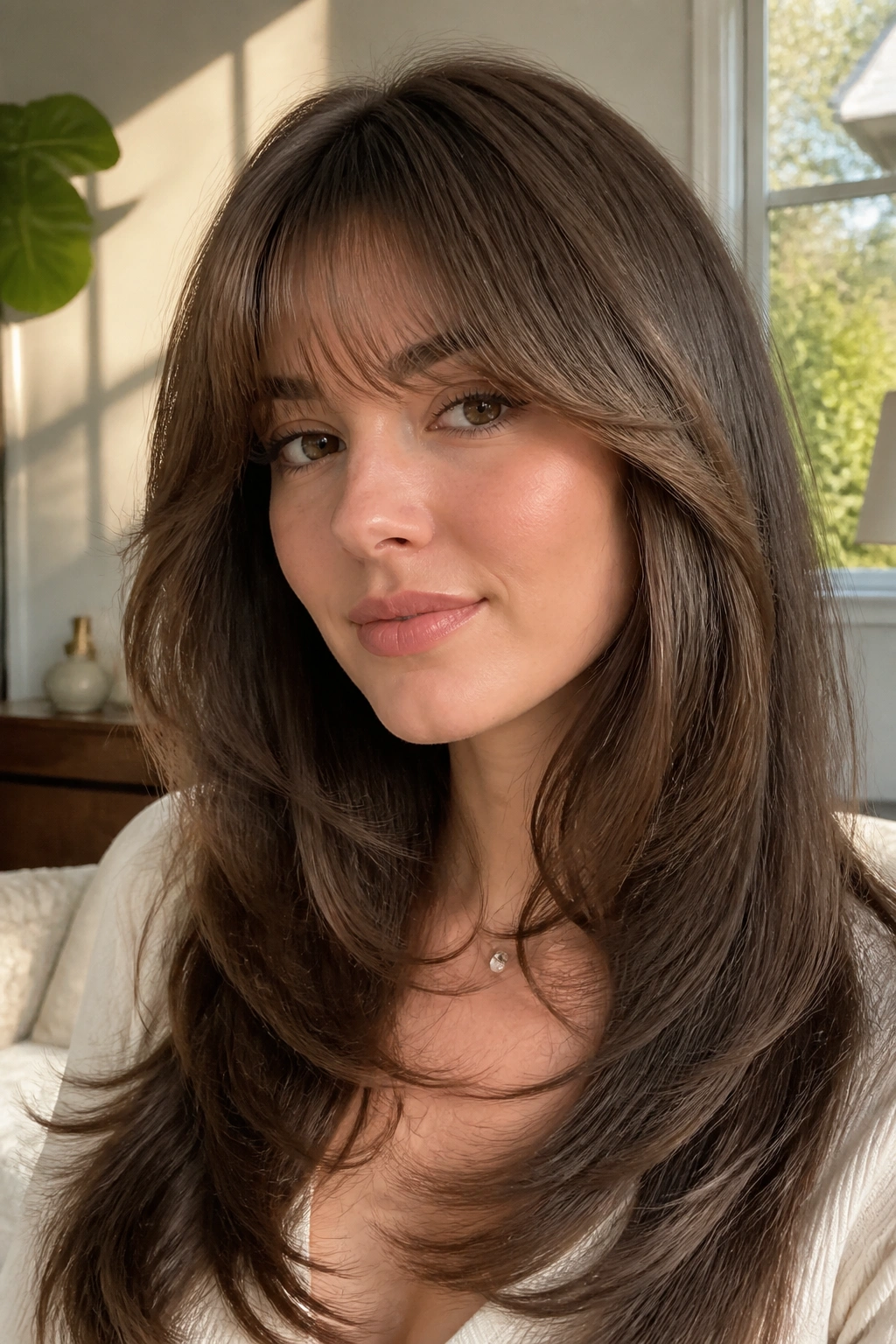 Real woman with feathered bangs and smooth brunette blowout