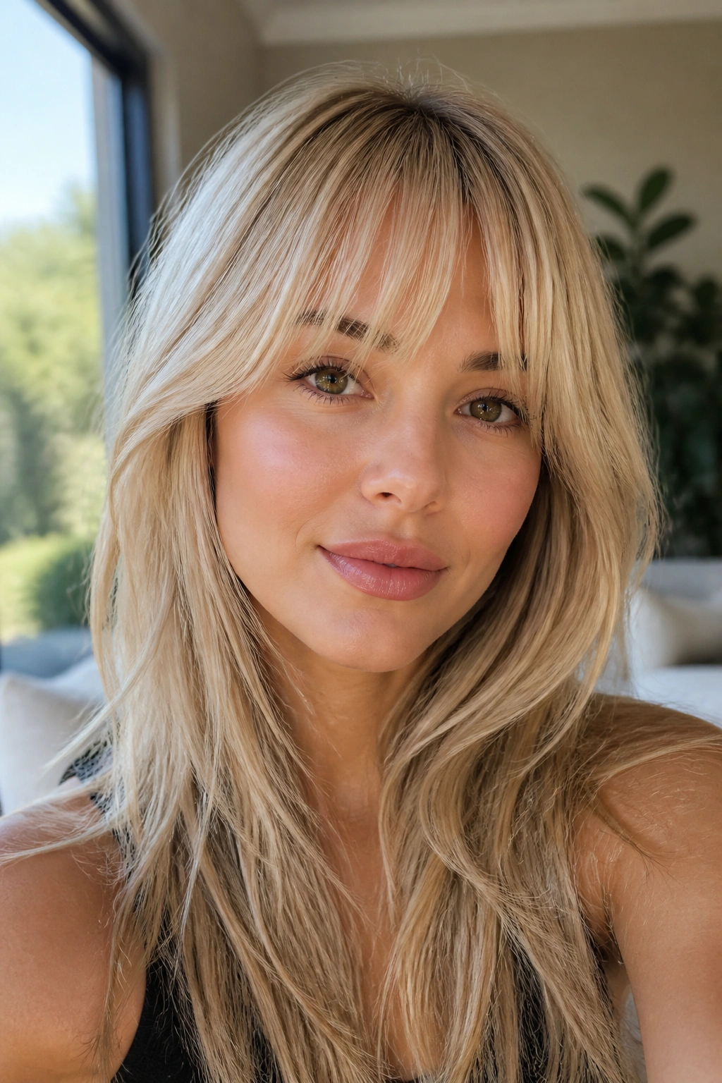 Close-up portrait of a real woman with layered butter-blonde feathered bangs