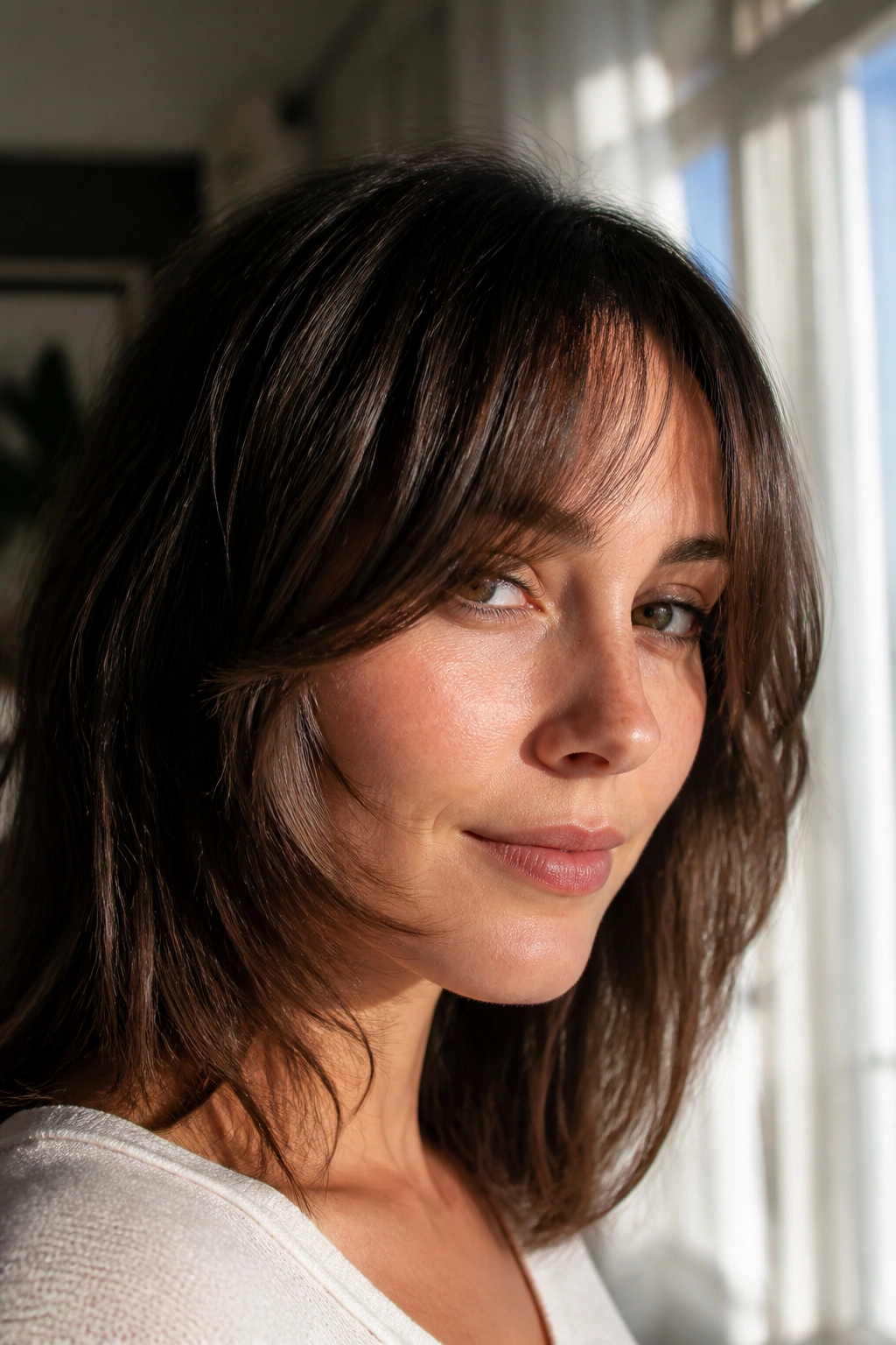 Close-up portrait of a woman with feathered bangs skimming the cheek in sunlit light