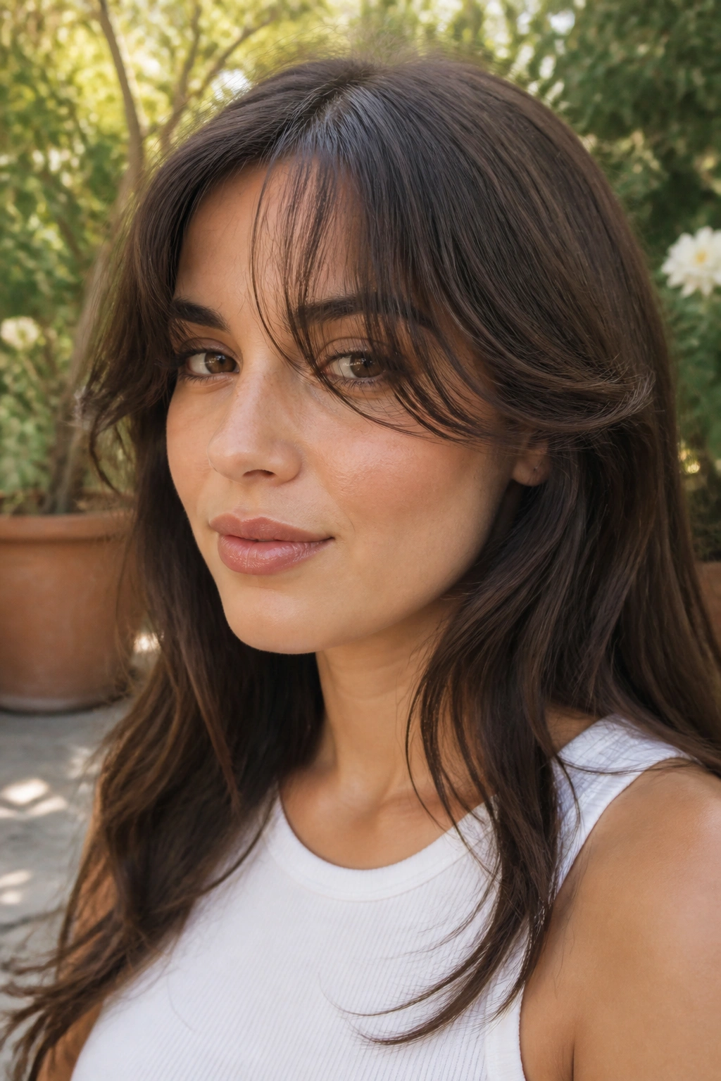Close-up portrait of a woman with feathered bangs skimming the cheekbones