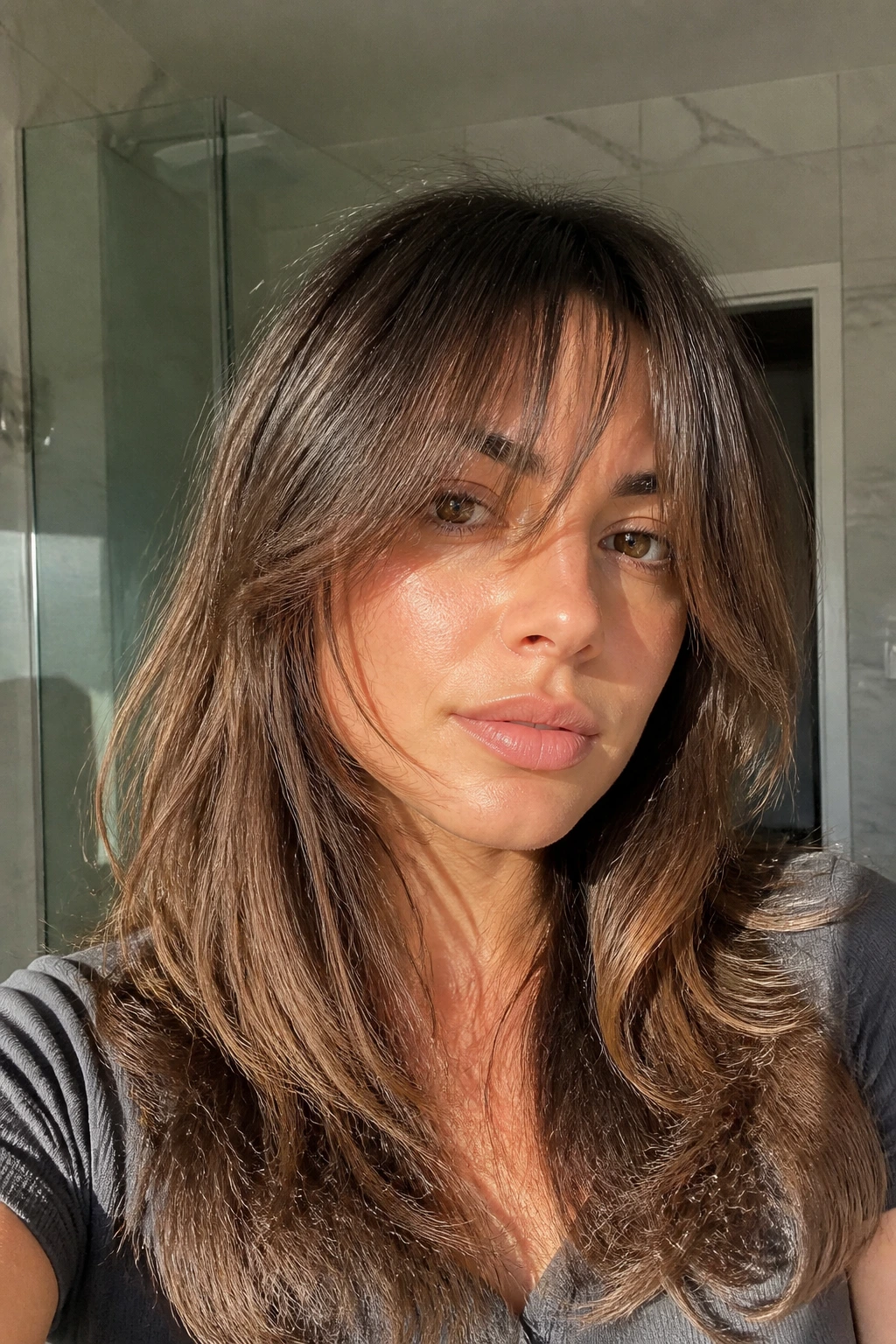 Close-up portrait of a real woman with feathered bangs on coarse hair