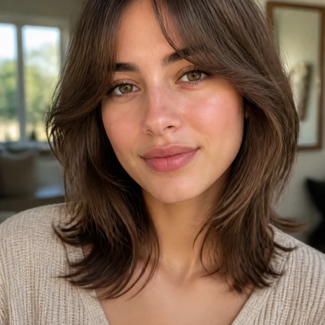 20 Medium Brown Curtain Bangs for Round Faces