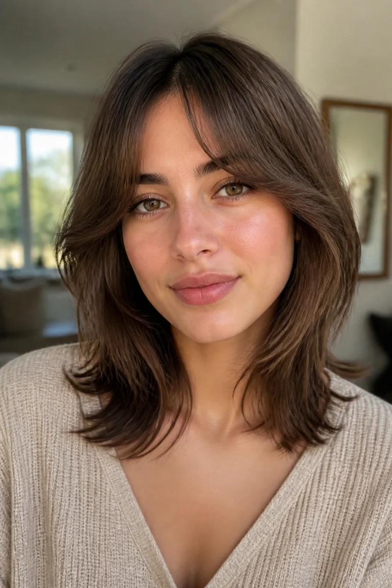 20 Medium Brown Curtain Bangs for Round Faces