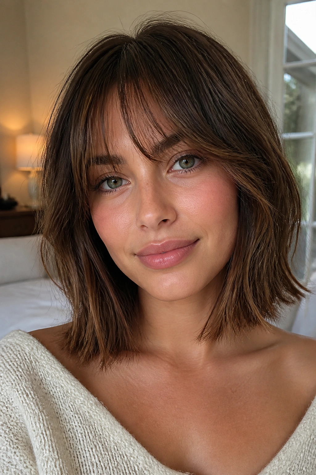 Close-up portrait of a real woman with collarbone-length lob and feathered bangs in natural window light