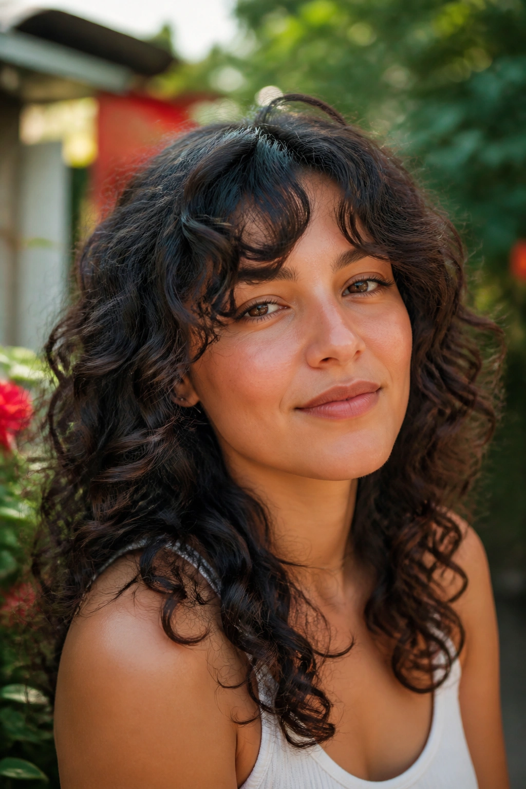 Close-up portrait of a real woman with curly hair and feathered bangs outdoors