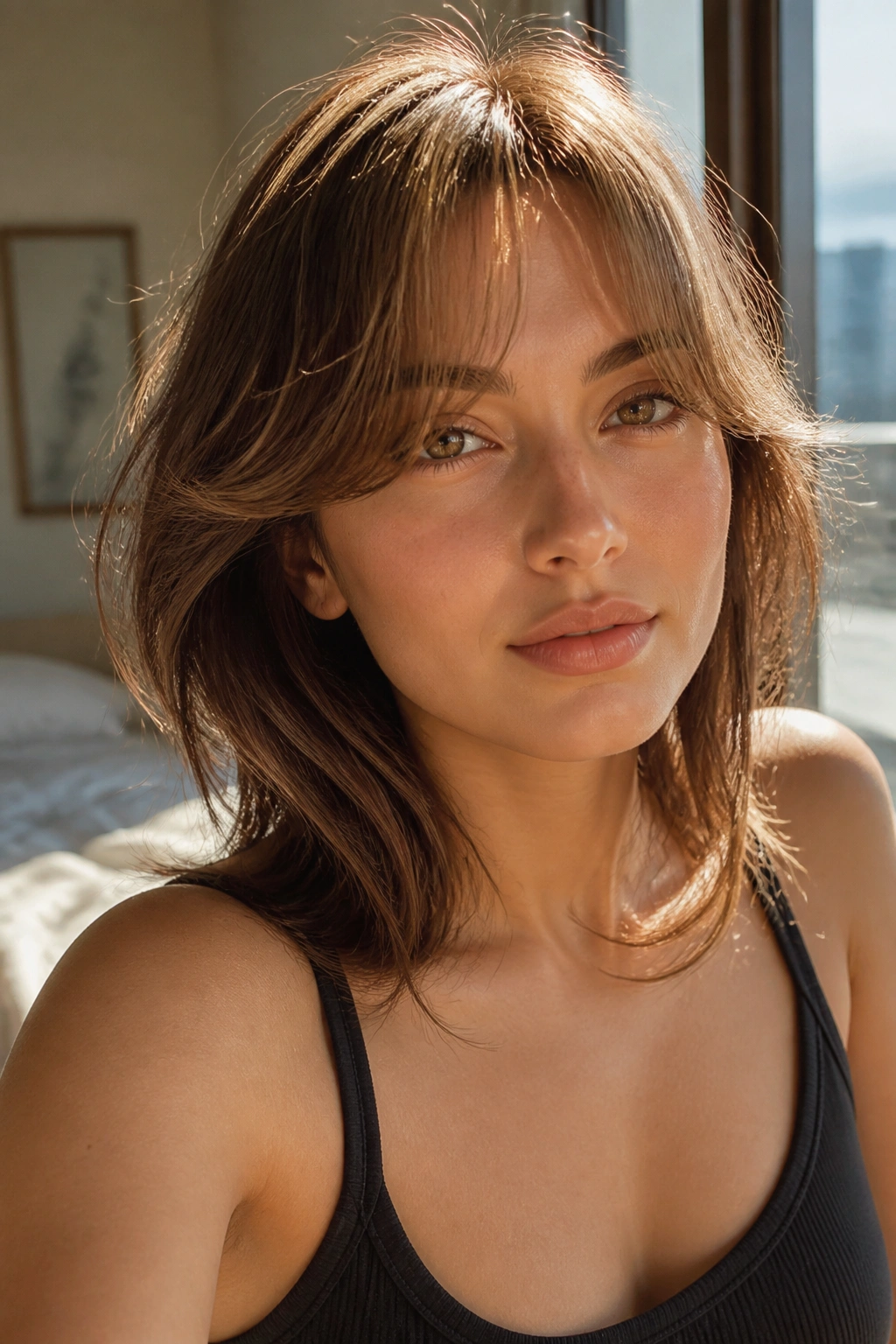 Close-up of feathered curtain bangs on a real woman with airy fringe