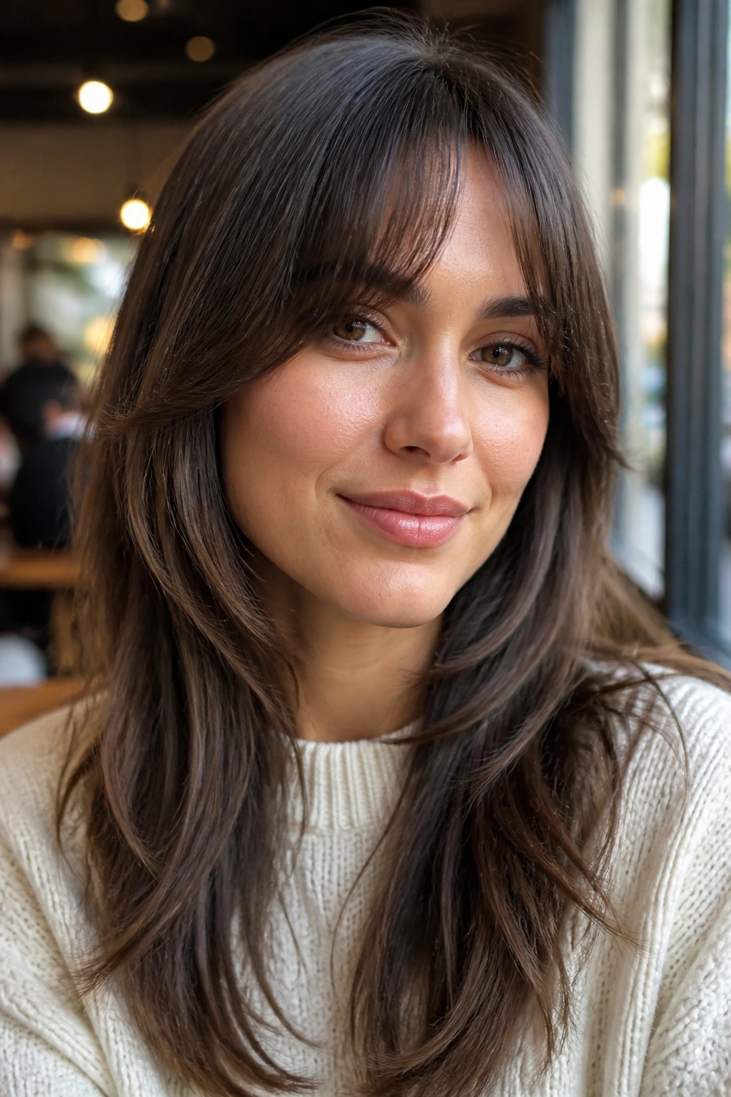 Close-up of a real woman with feathered bangs and flicked-out ends in a cozy setting