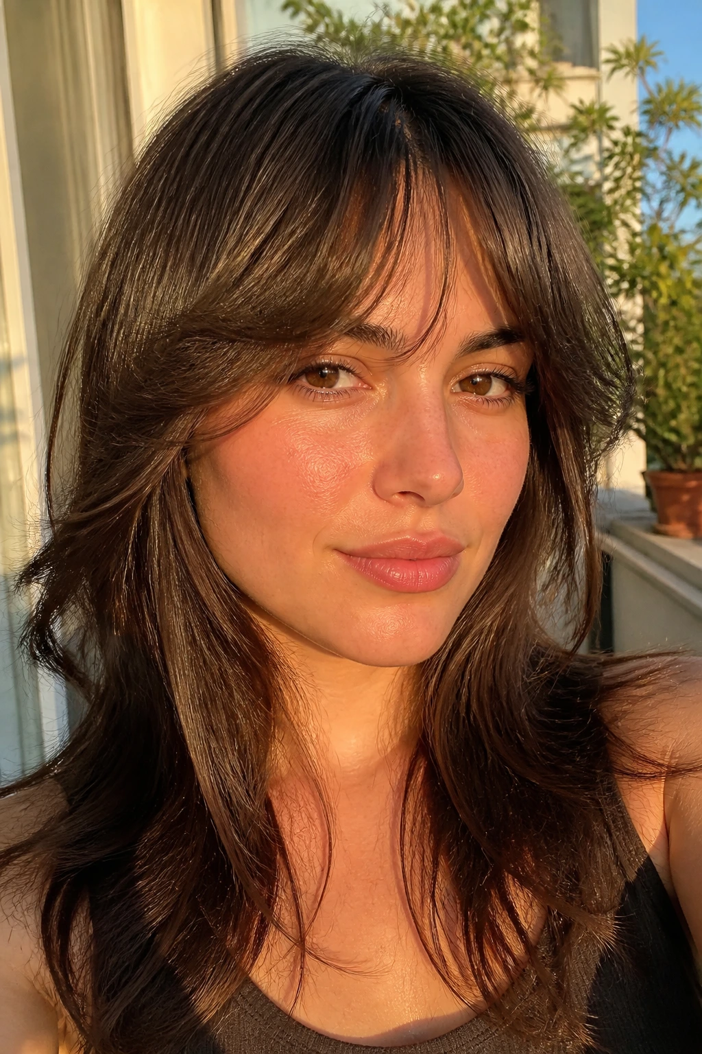 Real woman with feathered bangs and a soft flip on a sunny balcony