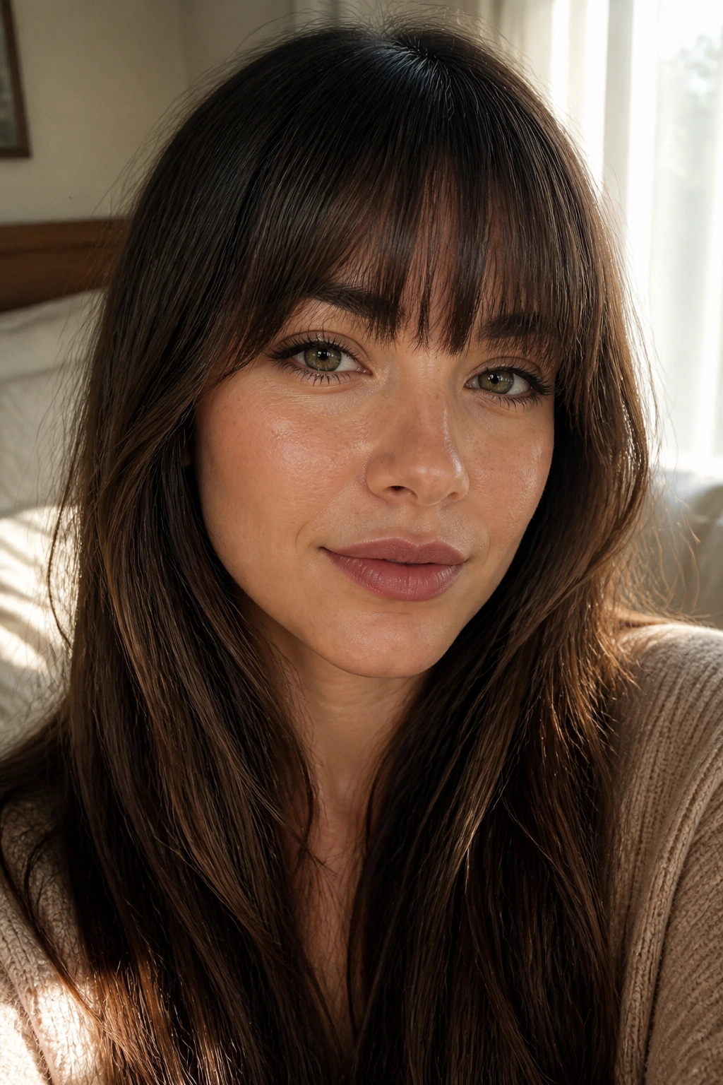 Real woman with feathered straight bangs in a softly lit bedroom
