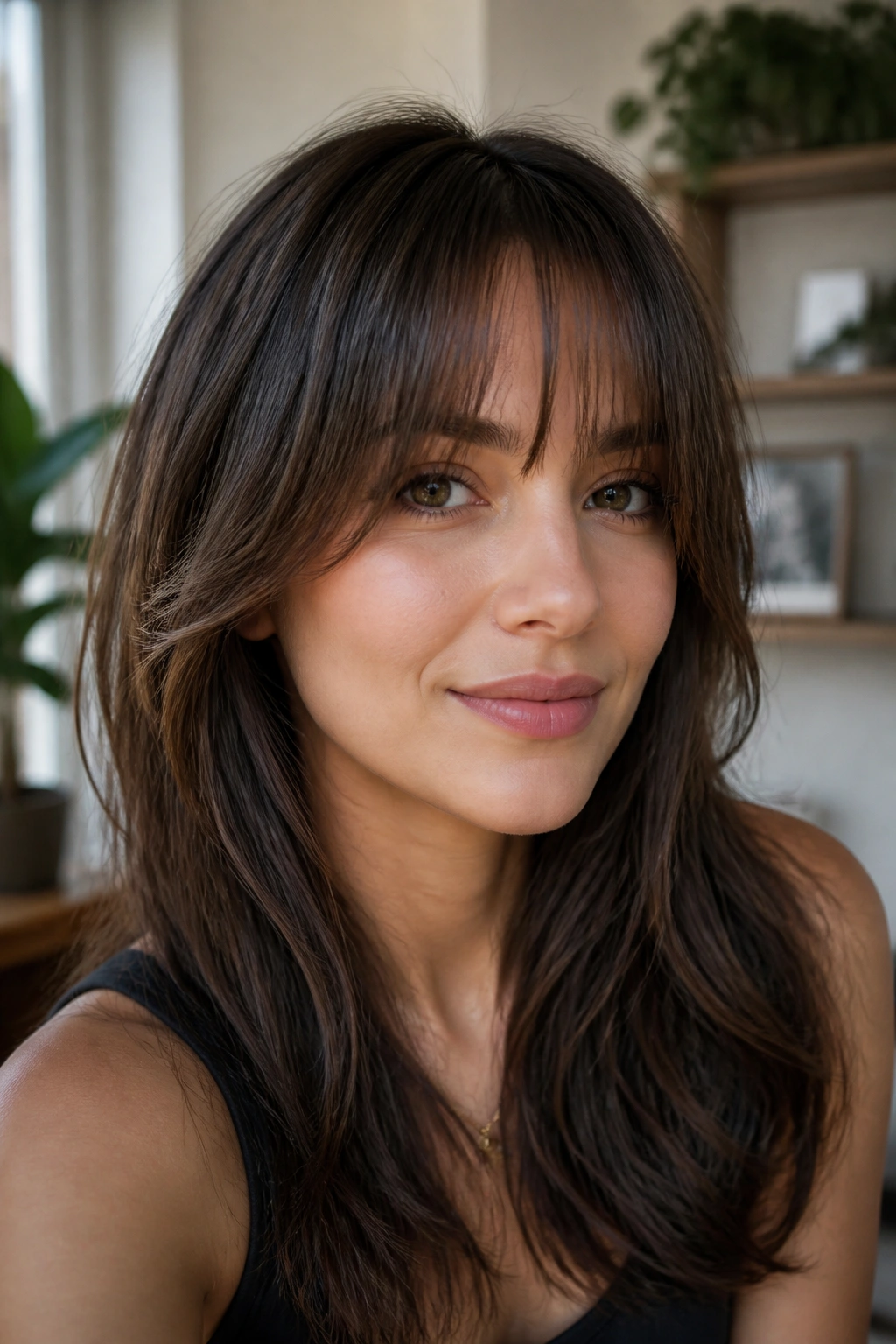 Close-up of a real woman with feathered French bangs that open the face.