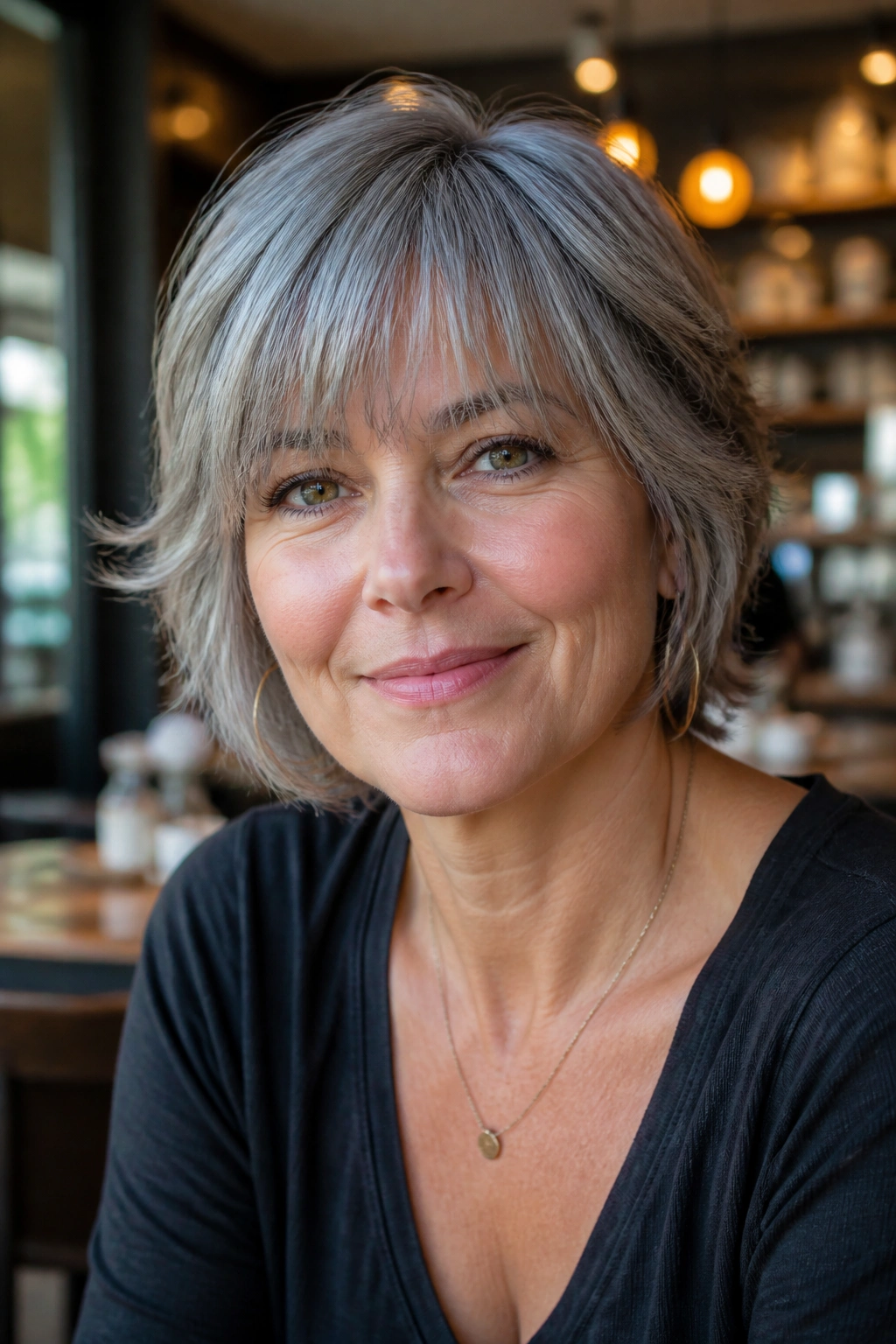 Portrait of a person with brow-skimming feathered bangs