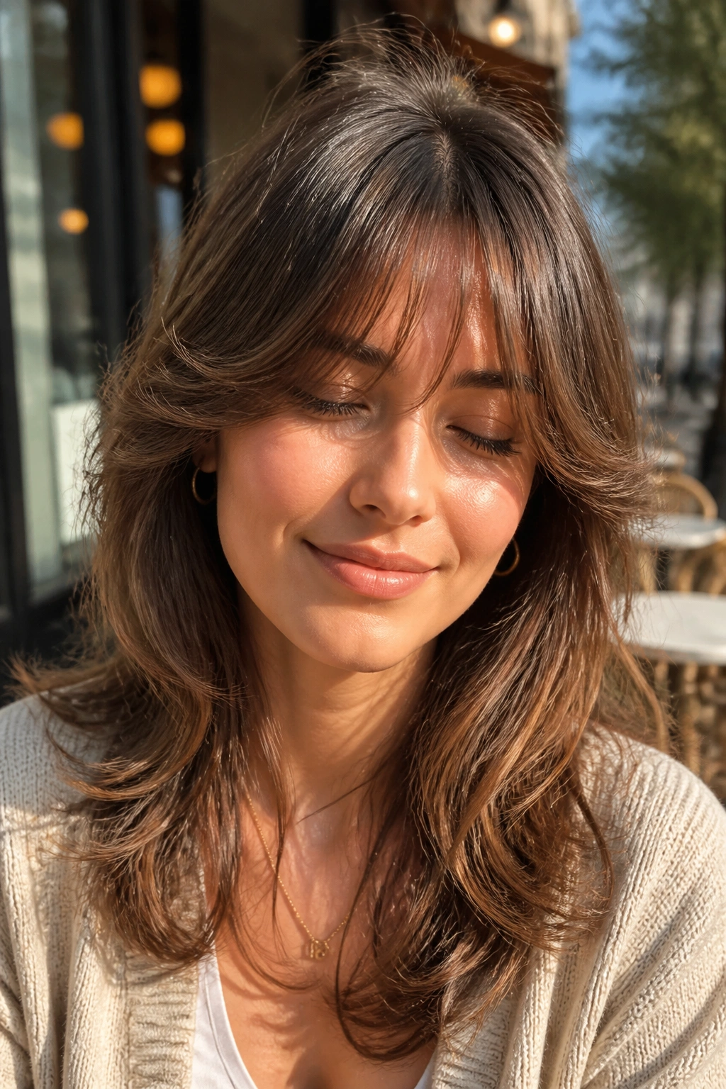 Portrait of a woman with feathered bangs in sunlight