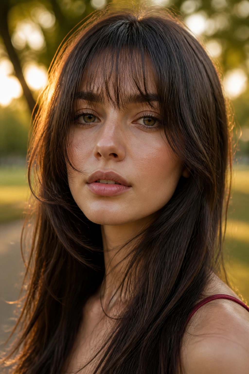 Close-up portrait of a woman with feathered bangs during golden hour