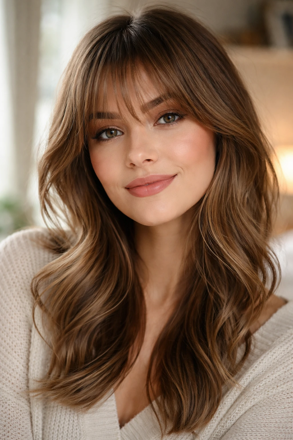 Close-up of a real woman with soft feathered bangs floating above the forehead in warm window light