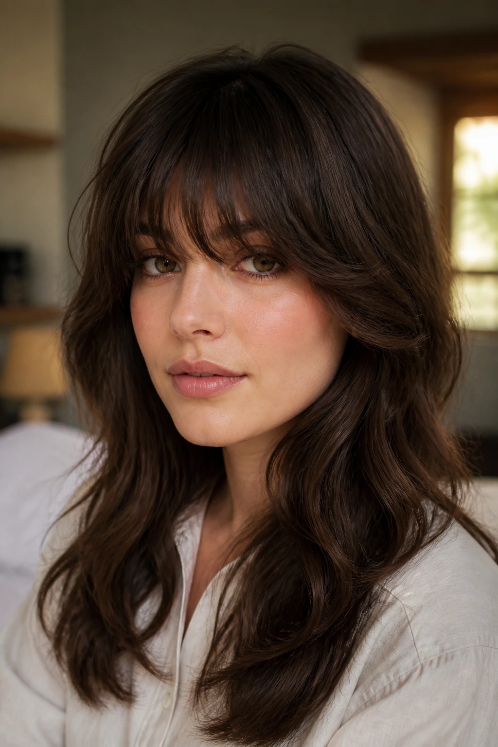 Close-up portrait of a real woman with feathered thick bangs in warm bedroom light