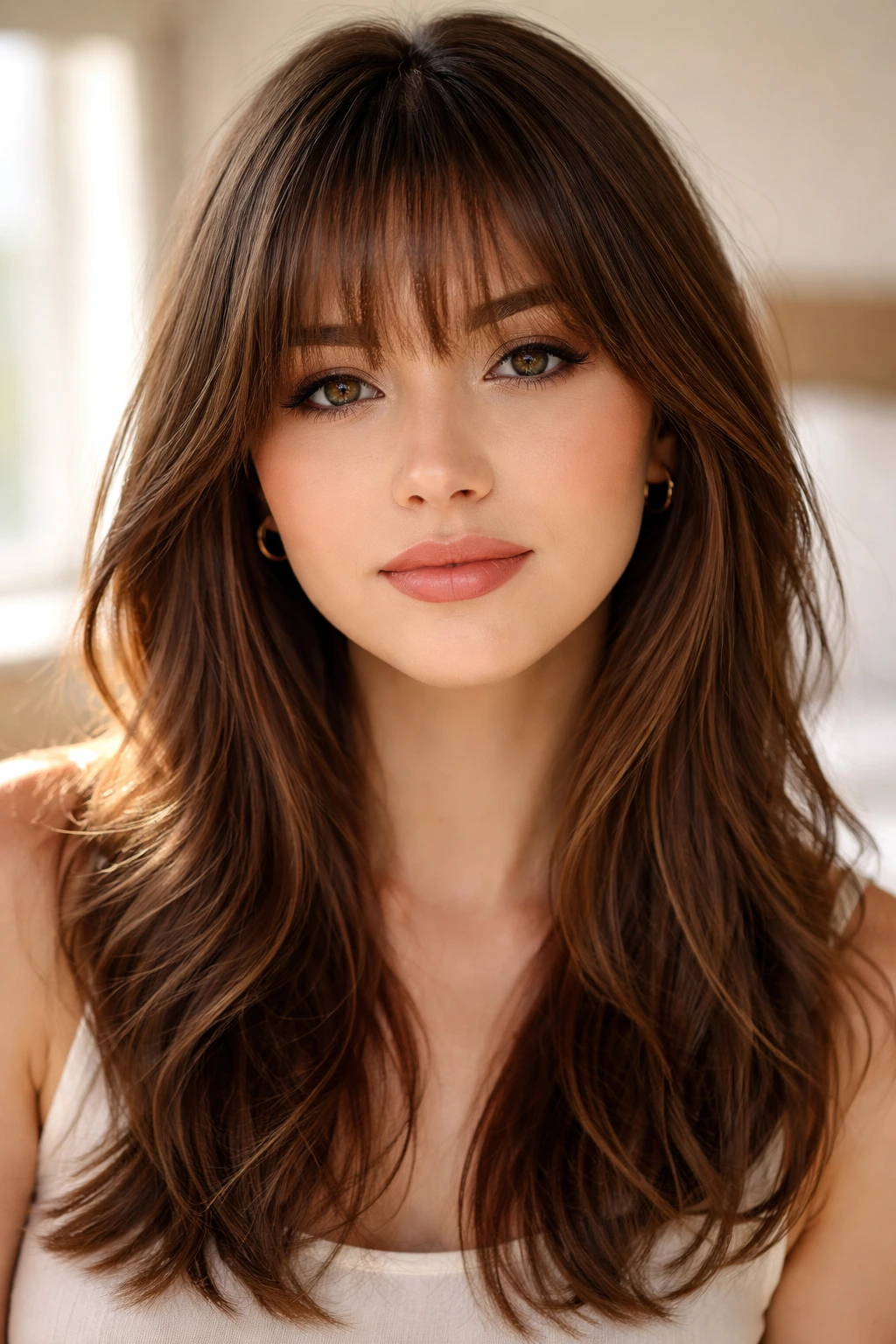 Close-up of a woman with razor-cut feathered bangs in warm window light