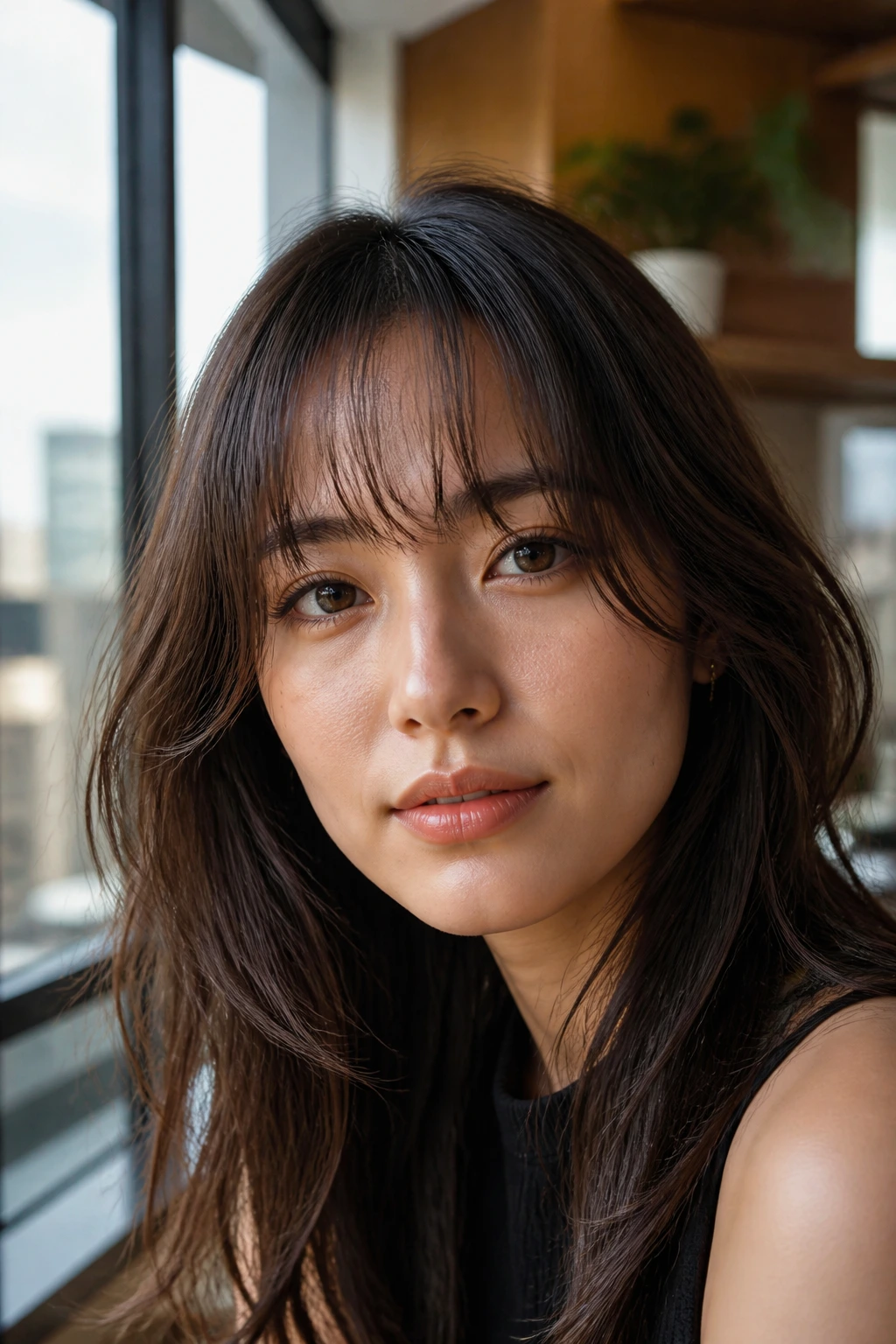 Close-up of real woman with feathered bangs and razor-cut edges in warm window light