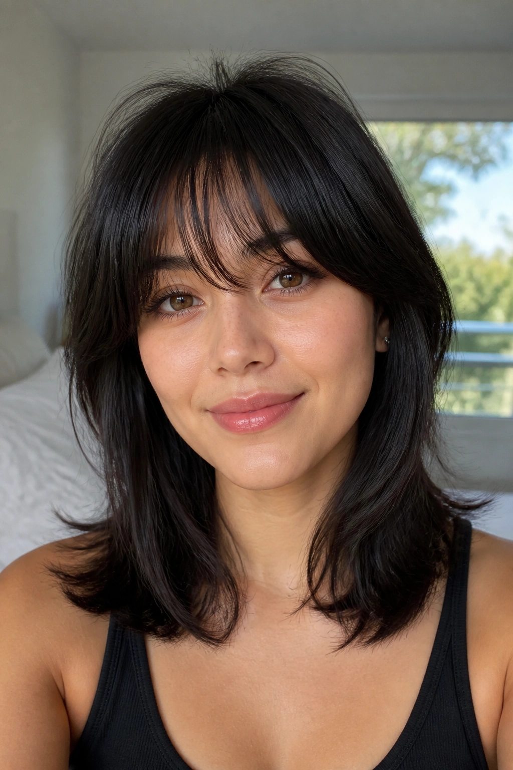 Portrait of a woman with feathered bangs on shoulder-length hair in soft window light