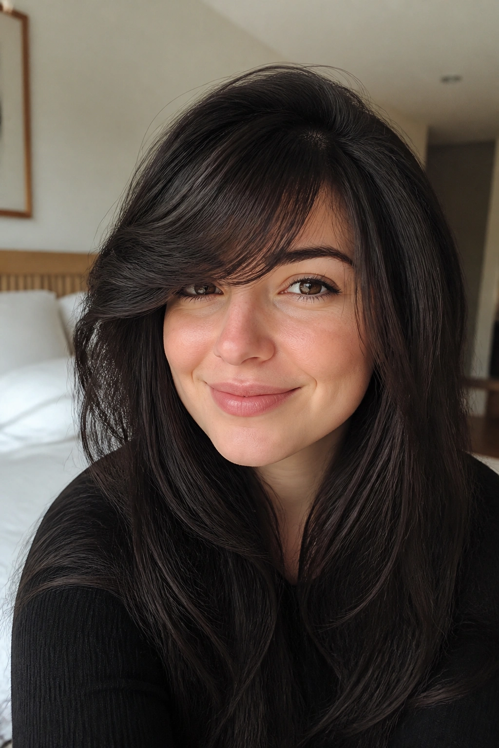Close-up portrait of a real woman with feathered side bangs for thick hair