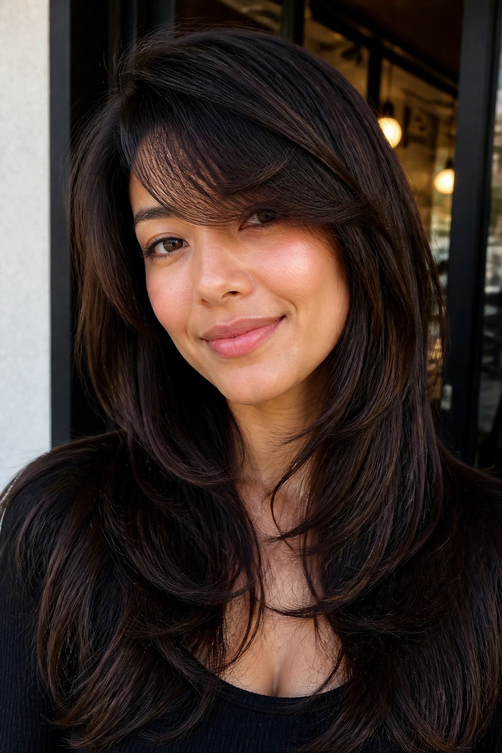 Close-up of a real woman with feathered side bangs reducing bulk on thick hair.
