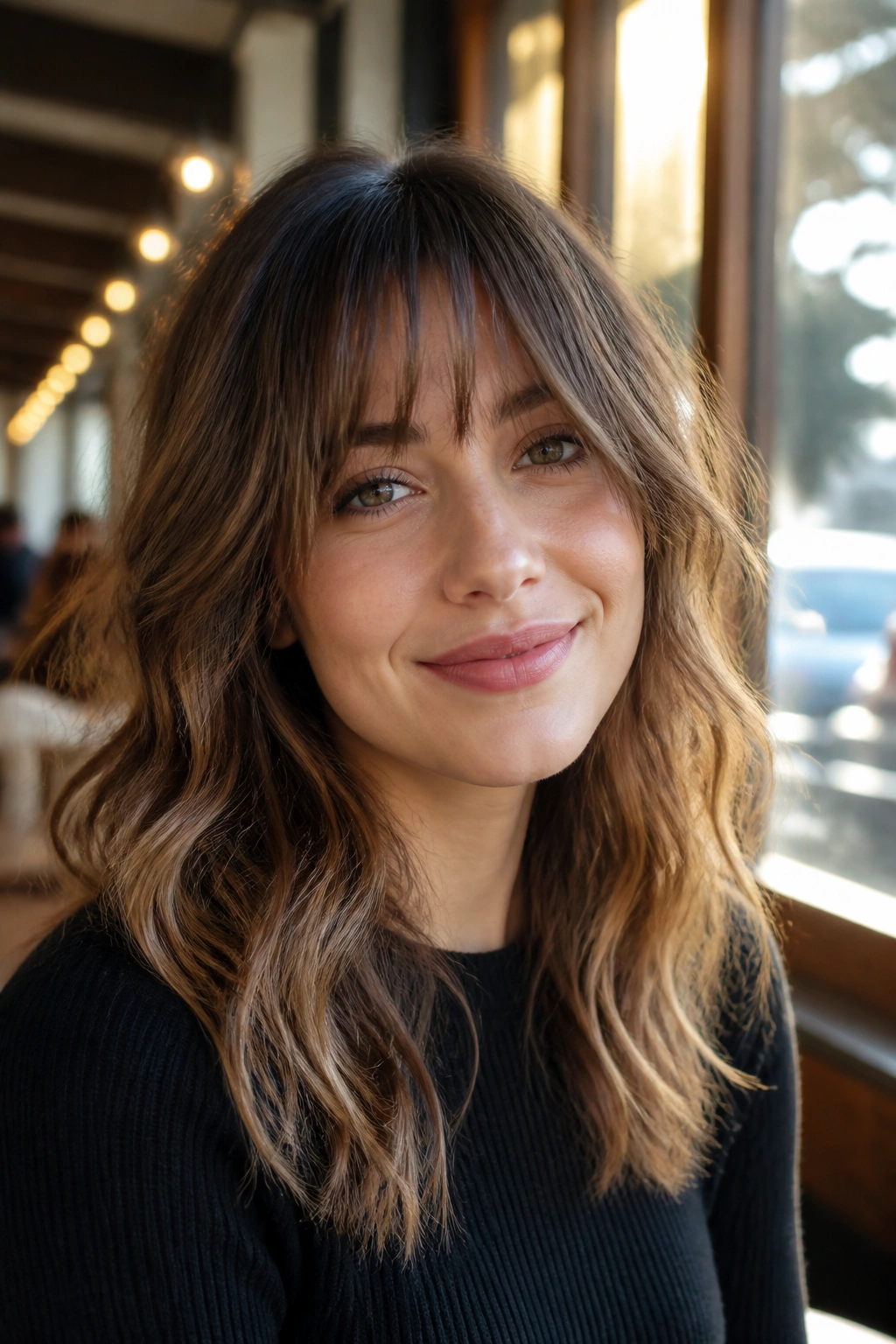 Close-up portrait of a real woman with wavy hair and feathered bangs in cafe window light