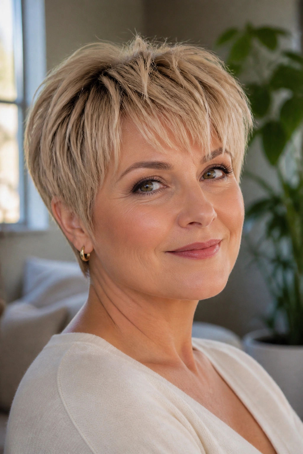 Close-up of a real woman with feathered beige blonde pixie and soft layers