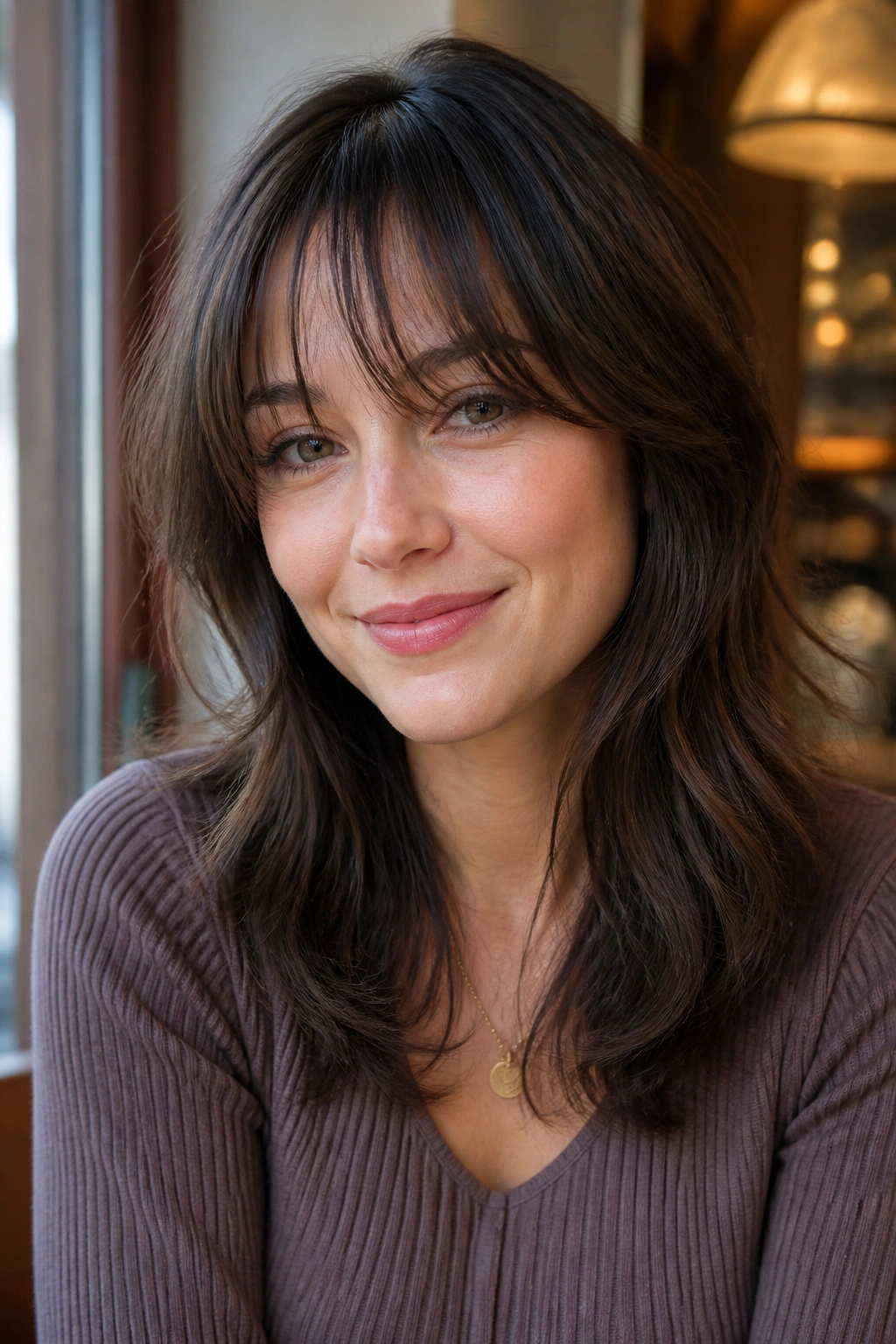 Real person with feathered Birkin bangs