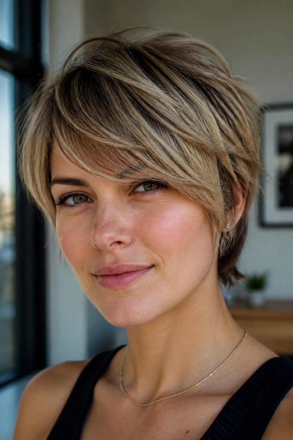 Close-up of real person with feathered bixie side fringe