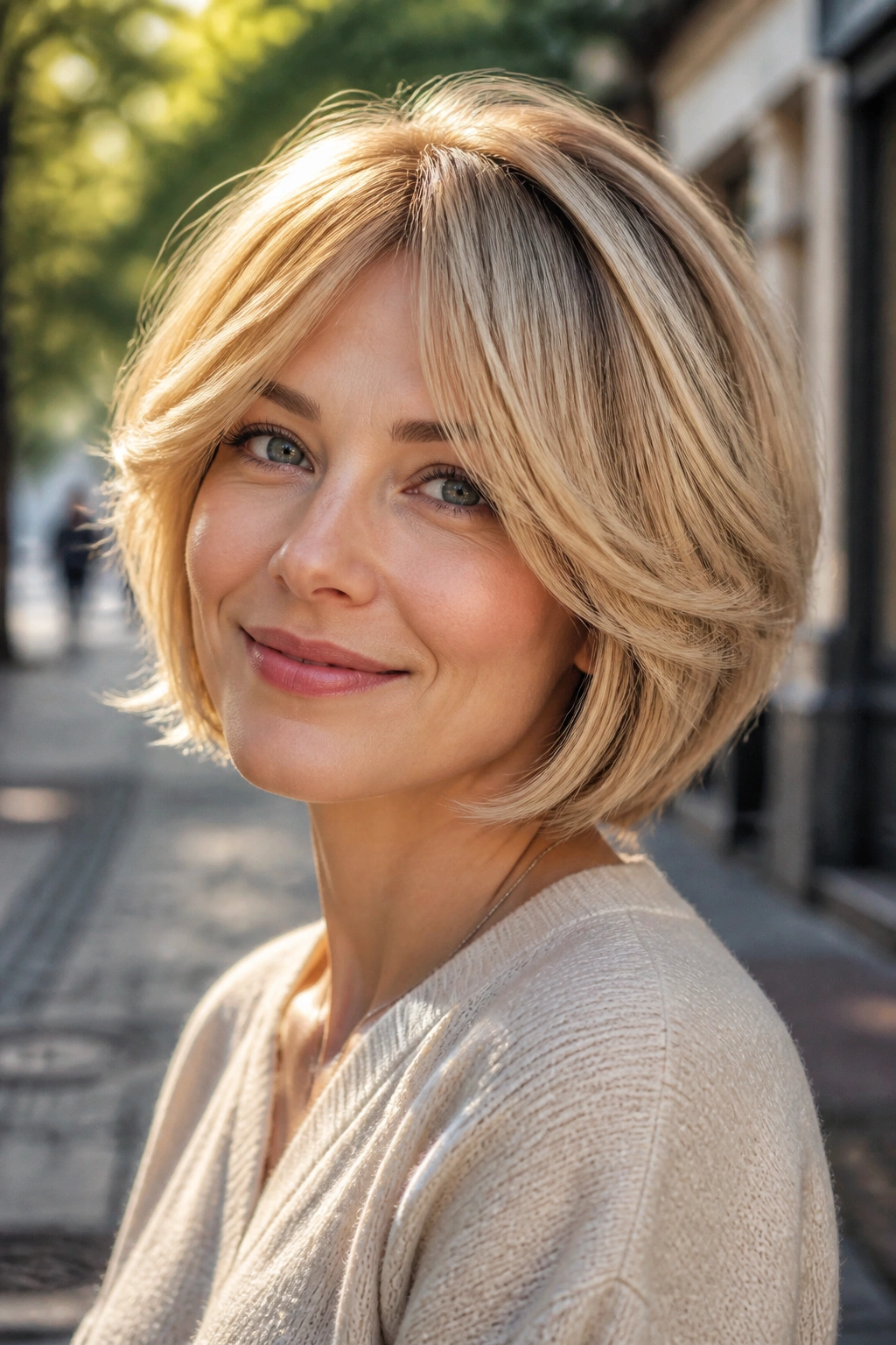 Close-up of a woman with a feathered blonde bob and cheekbone layers