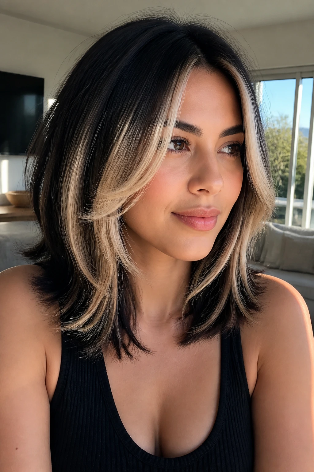 Close-up real woman with feathered blonde layers on midlength black hair