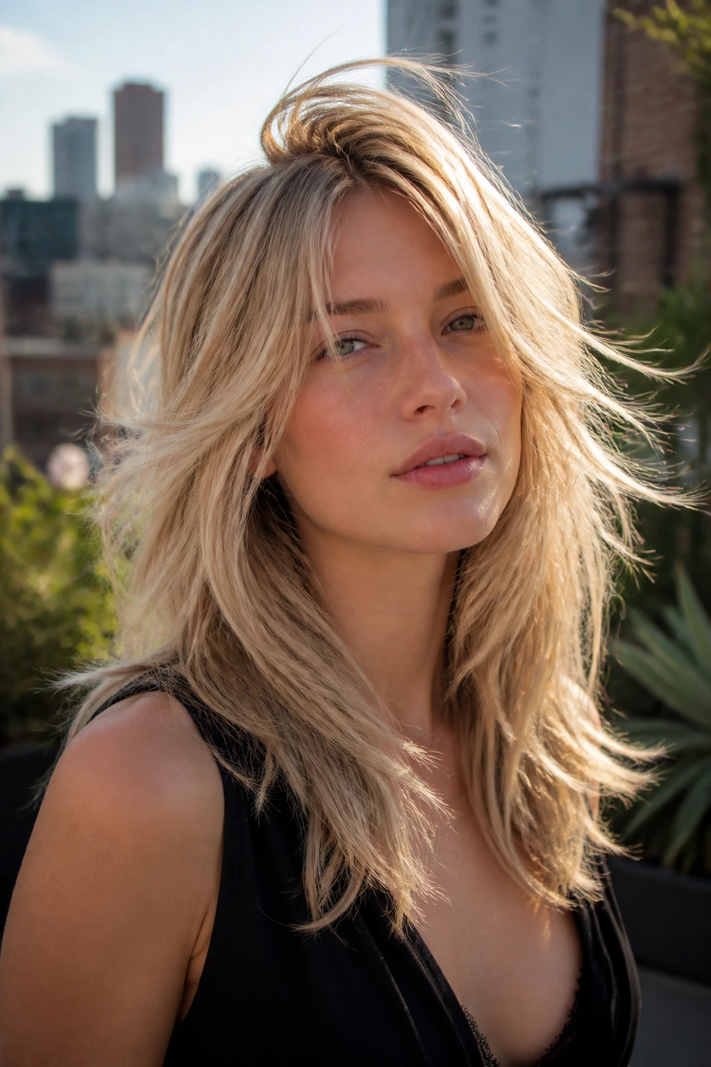 Close-up portrait of a real person with feathered blonde shag and razor texture