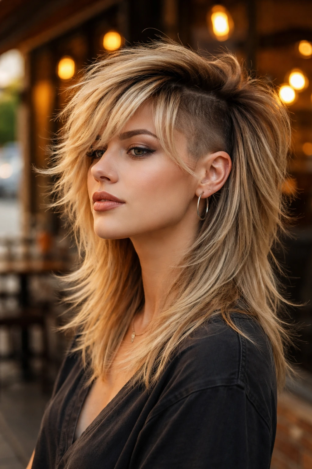 Portrait of a person with feathered blonde shag and a disconnected side shave