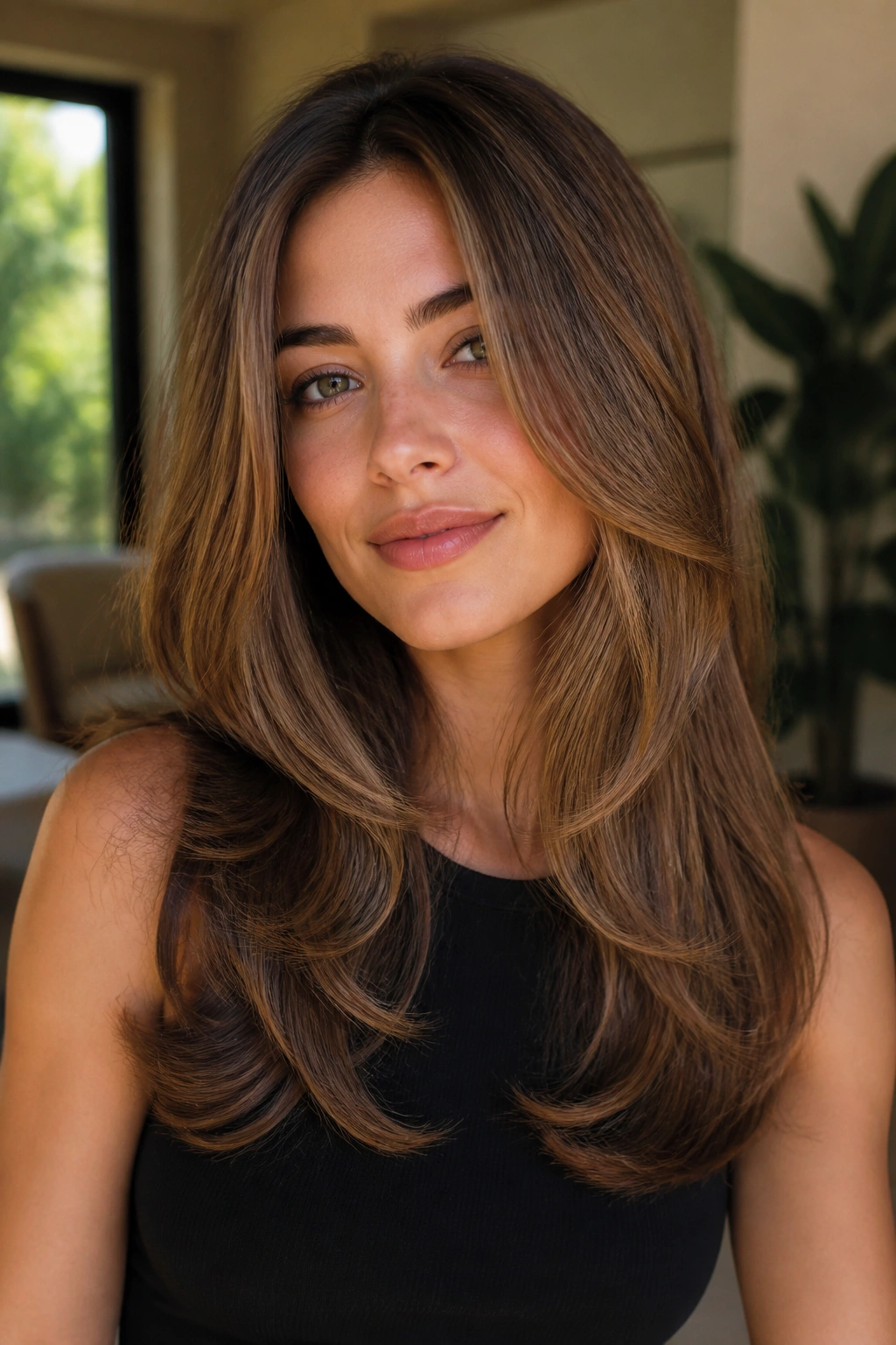 Real woman with feathered blowout and lifted crown