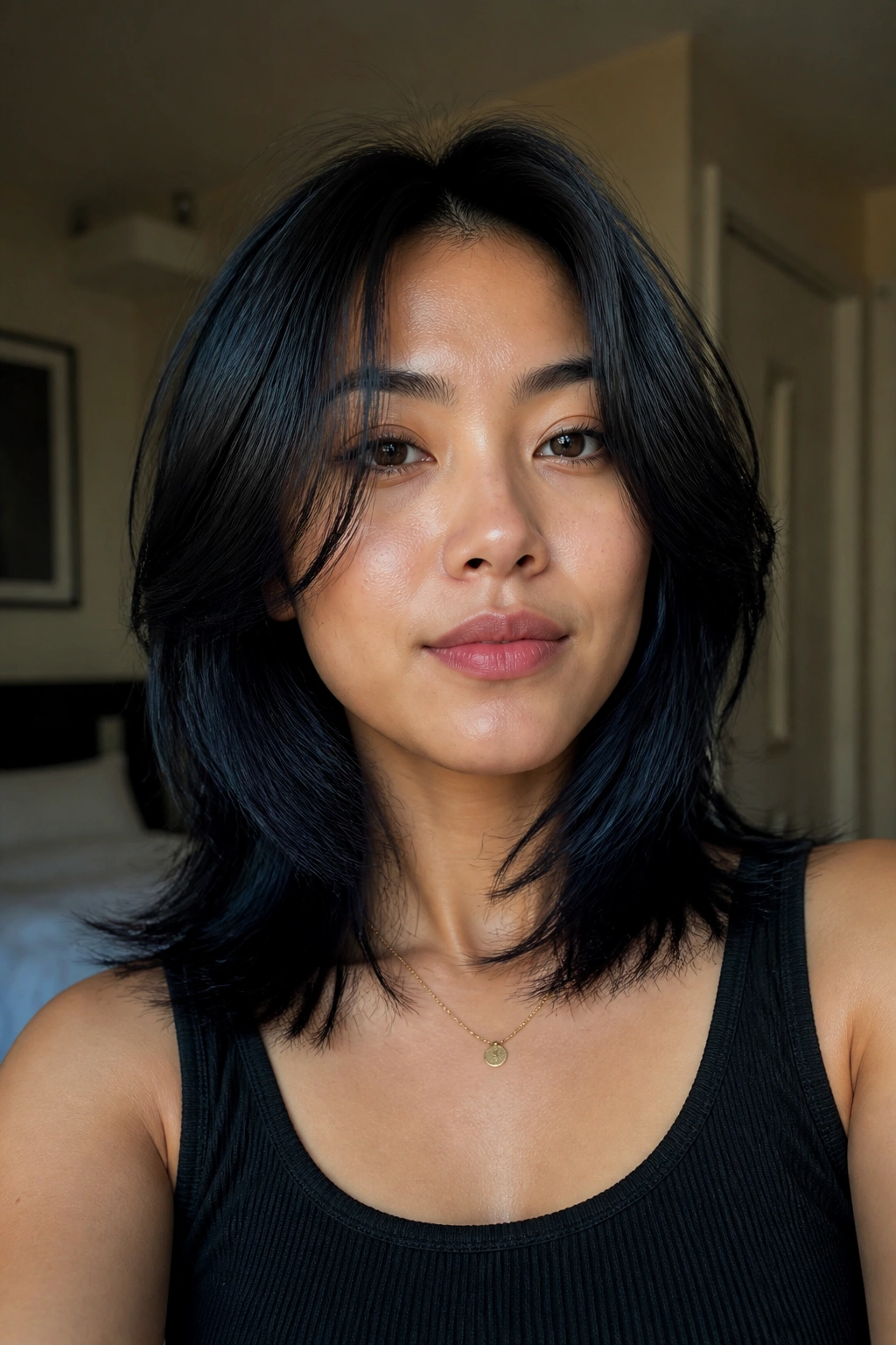 Real person with feathered blue-black layers below chin under soft window light