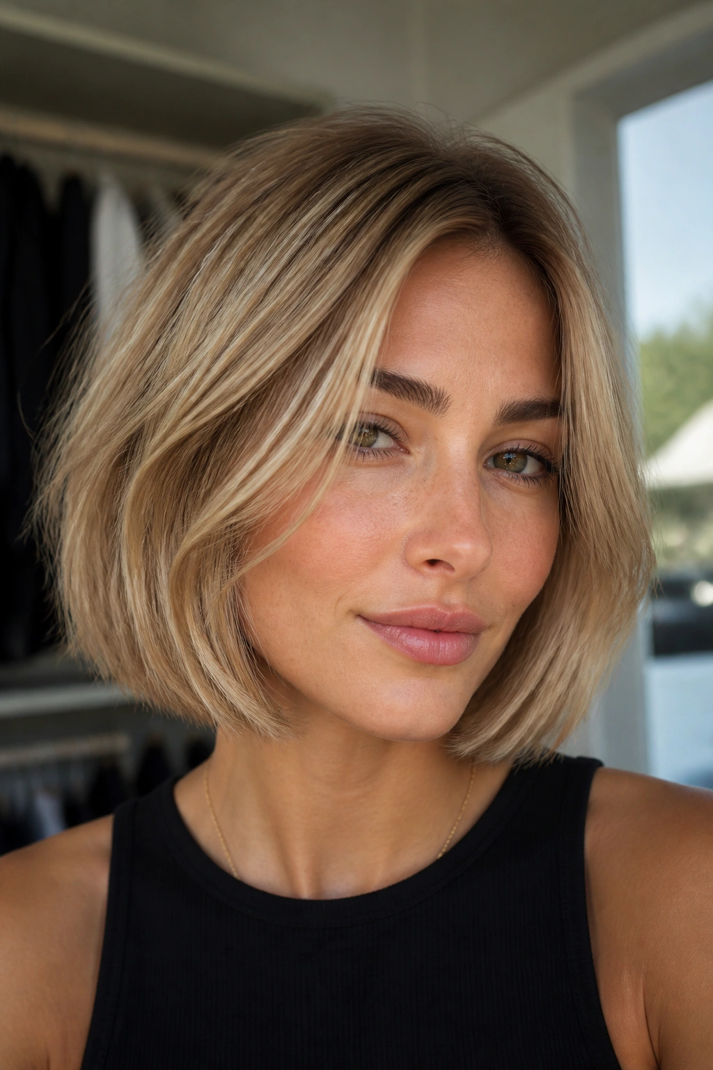 Close-up portrait of a woman with a feathered blunt bob blend under daylight